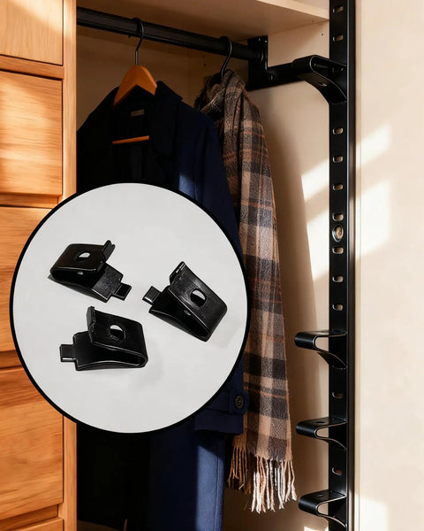 28 Pack Rock Solid Shelf Clips Adjustable Heavy Duty Steel Brackets Lock Tight On 255 And 256 Pilaster Strips Rust Resistant Stay Put No Wiggle Room For Kitchen Cabinets in a closet setting showing usage.