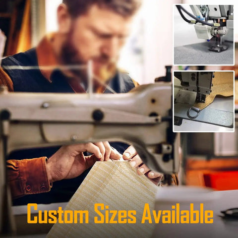 Craftsman sewing a 5 By 7 Foot Gray Sun Shade Sail Straight Edge Canopy with durable ropes for outdoor use.