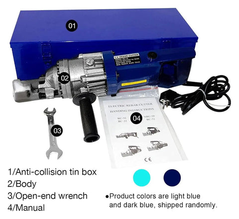 Electric Hydraulic Rebar Cutter For Construction Sites, Pro Grade, showing tin box, body, wrench, and manual