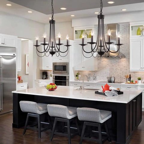 Five Light Farmhouse Chandelier In Black With Classic Candle Ceiling Light Fixture Adjustable Metal Industrial Pendant Lighting For Bedroom Entryway And Dining Room To Elevate Your Cozy Vibe in modern kitchen setting.