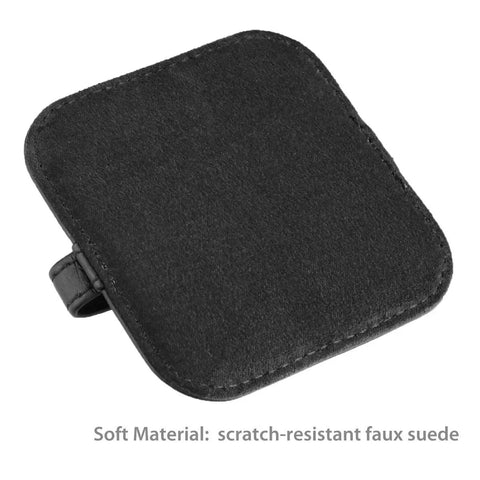 Close-up of a black pad from 4 Pack Elastic Strap Screen Cleaning Pads With Soft Cloth Wipes For All Screens Including iPad iPhone MacBook Tablet Laptop TV Camera Color Mixed Super Handy For Travel And Everyday Use, showing soft faux suede material.