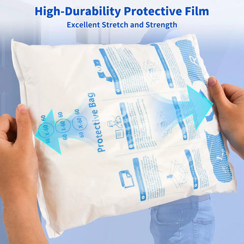 Four Pack Expanding Packing Foam Inserts For Top Shelf Shipping Defense With Custom Molded Cushioning Protects Electronics Ceramics Glassware And Fragile Valuables Using Dead Simple Activation For No Sweat Delivery, shown being held with protective instructions.