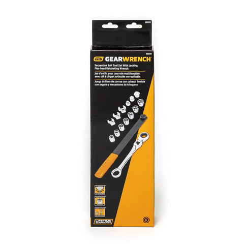 Packaging of Serpentine Belt Tool Set 15 Pc With Locking Flex Head Ratcheting Wrench for quick installation on vehicles