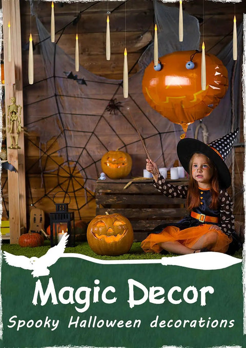 Child in Halloween costume under Six Pack Flameless Floating Candles With Magic Wand Remote For Halloween And Christmas Decor