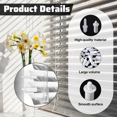 40 Pack Spring Loaded Shutter Repair Pins with Dual Sizes for fixing blinds, showing white plastic pins against window blinds.