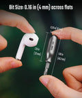 Rock Solid Premium Titanium Mini Screwdriver Featuring Super Magnetic Replaceable Bits And Rapid Philips Flathead Swaps For Trustworthy Daily Use Everywhere next to earbud, showing size comparison.