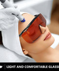 Top Tier Laser Safety Glasses Serving Kick Ass Dual Wavelength Eye Protection For 532 And 1064 Nanometers worn during beauty treatment.