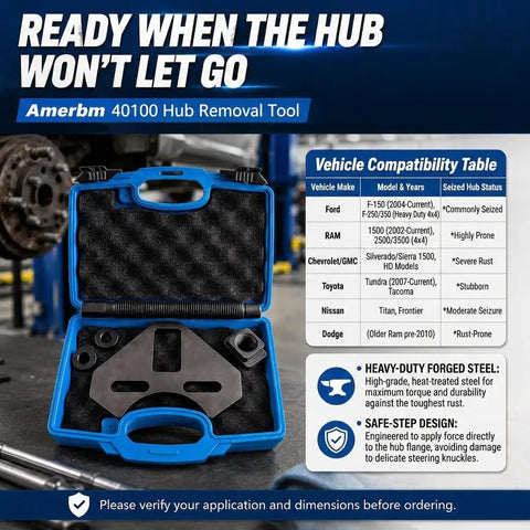 Amerbm 40100 Hub Removal Tool in blue case with accessories, built tough for 5 6 8 lug vehicles, removes stubborn hubs fast.