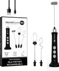 Front view of Handheld USB C Rechargeable Milk Frother With 3 Speed Settings And Stainless Steel Double Whisk, Black Mini Electric Stirrer in packaging.