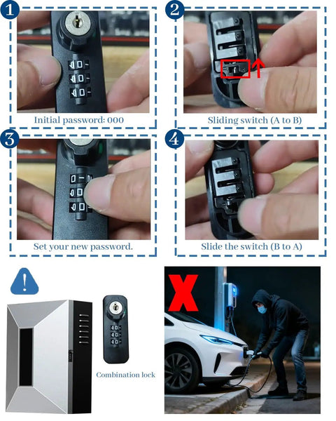 Heavy Duty Outdoor EV Charger Pedestal with keypad lock and combination instructions, secured for Tesla and Chargepoint vehicles.