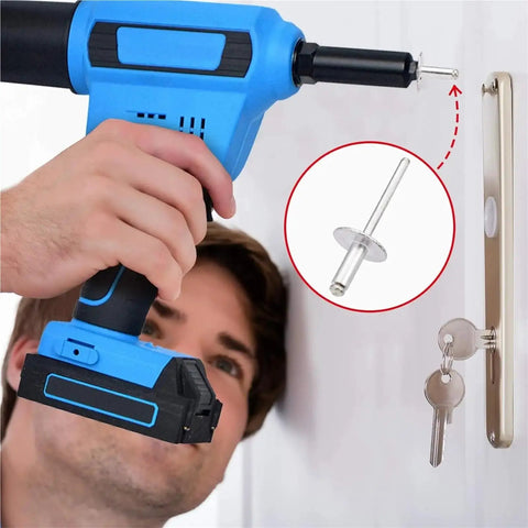 Person using tool to install Large Flange Aluminum Blind Rivet Assortment Kit With Pop Rivets Open End For Ductwork Boat Garage Projects.