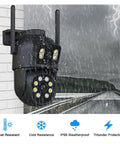 Badass 8MP 4K Wireless PTZ Security Camera Kit With Hella Smooth WiFi And Intelligent Auto Tracking For Rugged Outdoor Surveillance And Sharp Night Vision mounted on wall with rain.