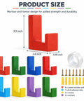 Fresh Rainbow Wooden L Shaped Wall Hooks Eight Pack with adhesive pads and screws showing vibrant colors and dimensions.