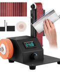 Mini Belt Sander Knife Sharpener with 15 grit belts sharpening a knife, variable speed electric grinder for woodworking and metalworking.