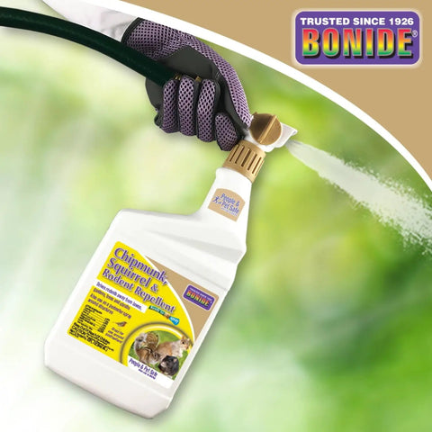 Outdoor Chipmunk Squirrel and Rodent Repellent Spray 32 Oz Ready to Spray Formula to Protect Your Lawn and Garden Natural Essential Oil Based Deterrent for Yard Critter Control, with gloved hand spraying.