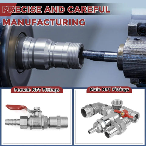 Manufacturing process of stainless steel hose barb fittings 3/8 to 1/2 NPT with images of female and male NPT fittings