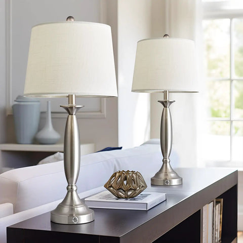Three Way Dimmable Touch USB Table Lamps Set Of 2, 28 Inch Modern Industrial Metal Bedside Lamps With Linen Shades, Silver Finish