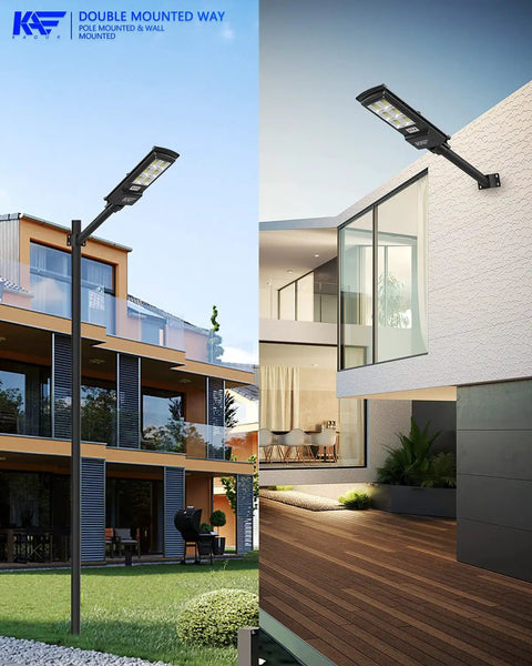 Solar Street Lights With Remote Control, 6500K Daylight White, 300000LM 1000W, IP65 Waterproof, mounted on pole and wall