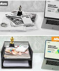 Before and after: cluttered desk versus organized desk with two pack wire mesh letter trays for desk, stackable paper organizer, 12.8 by 10 by 2.9 inches, metal magazine file holder for home office and school great for busy desks everyday use.