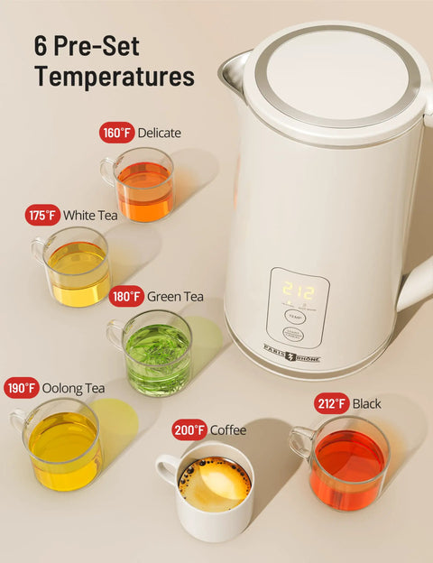 1.7L Large Kettle With Temperature Control And LED Screen Quick Heat For Tea And Coffee 6 Presets with six tea cups