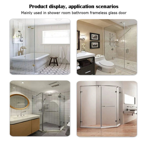 Premium 304 Brushed Stainless Steel Shower Hinges For Frameless Glass Doors 90 Degree Pair displayed in various bathroom settings.