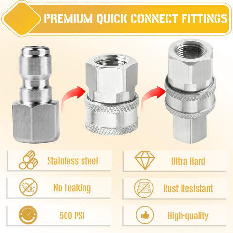 Two stainless steel pressure washer quick-connect fittings (1/4 and 3/8 sizes) with male plug and female NPT.
