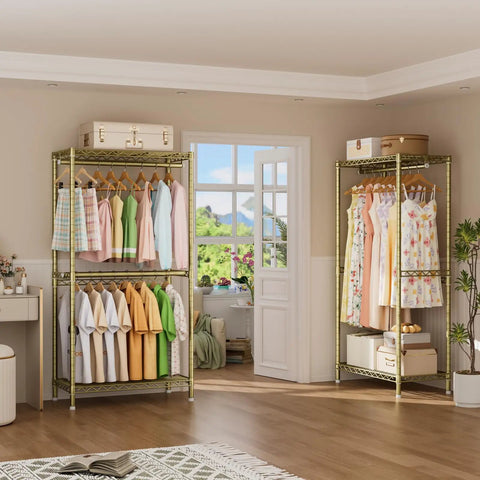 Kickass Heavy Duty Portable Closet Rack With Adjustable Metal Shelves Freestanding Clothes Organizer displaying colorful clothing in a bright room.