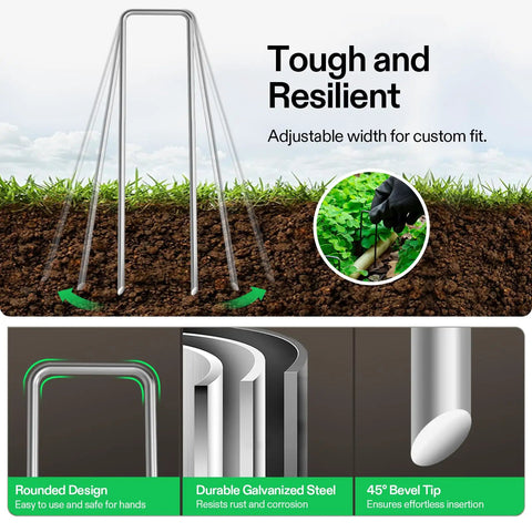 6 Inch Landscape Staples 100 Pack Heavy Duty Workhorse Galvanized Steel Garden Stakes 11 Gauge U Shaped Pins For Weed Barrier Fabric Soaker Hose And Fence Holding Durable Weather Resistant displayed with adjustable width and durable design features.