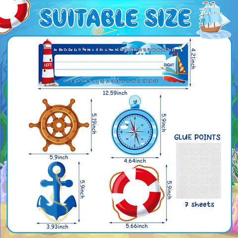 Image of 64 Piece Nautical Classroom Decor Bundle With Nameplates And Sailing Paper Cutouts Plus Glue Dot Sheets For Name Tags And Bulletin Board Borders Perfect For Teachers Admins And Kindergartens showing size dimensions of decor elements.