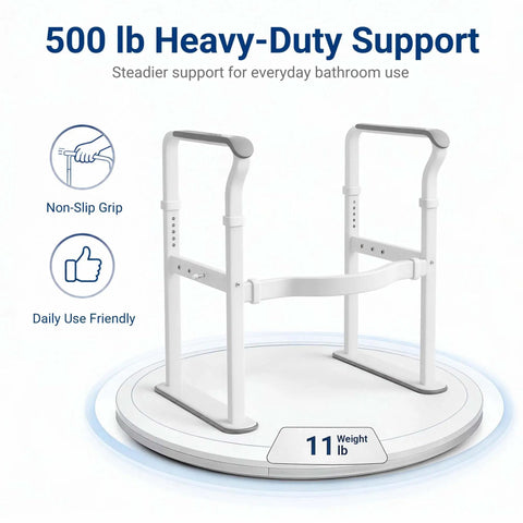 Bombproof Toilet Safety Rails With 500 Lb Capacity For Seniors And Elders, Adjustable grab bars with non-slip grip.