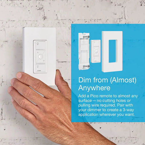 Slick Wireless Smart Dimmer Switch Plays Nice With Alexa Apple Home and Google Assistant Seamless Setup No Neutral Wire Required Smooth Hub Management For Your Entire Lighting Rig shown in hand against wall.