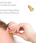 Person inserting Hi-Vis Foam Earplug Refills For Leight Source 500 Dispenser, 500 Pairs, Magenta And Yellow, NRR 32.