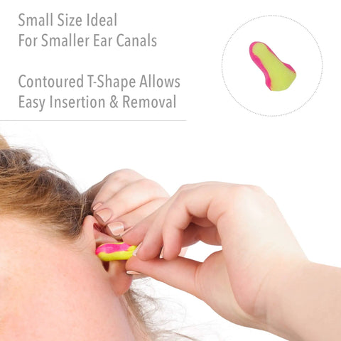 Person inserting Hi-Vis Foam Earplug Refills For Leight Source 500 Dispenser, 500 Pairs, Magenta And Yellow, NRR 32.