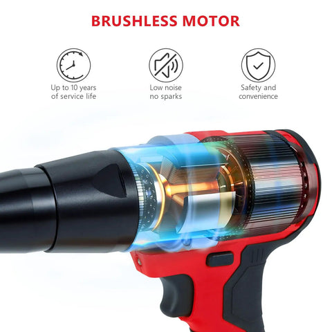 Cordless Rivet Gun Tool For M18 18V Battery Systems showing brushless motor design, illustrating durability and efficiency with red and black casing.