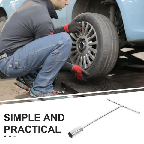 Heavy Duty T Handle Socket Wrench Set Featuring Rock Solid Steel Lug Nut Ratchet Tool Hella Durable Autowork Gear Designed For Grease Monkeys And Effortless DIY Projects Under Any Hood Today, man using wrench on car wheel.