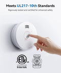 Solid 10Year Sealed Lithium Battery Smoke Detector With Photoelectric Sensor UL217 Certified For NoNonsense Home Fire Safety And HeavyDuty Peace Of Mind In A 10Pack Bundle, hand pressing test button.