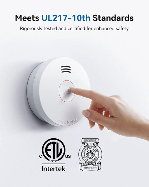 Solid 10Year Sealed Lithium Battery Smoke Detector With Photoelectric Sensor UL217 Certified For NoNonsense Home Fire Safety And HeavyDuty Peace Of Mind In A 10Pack Bundle, hand pressing test button.