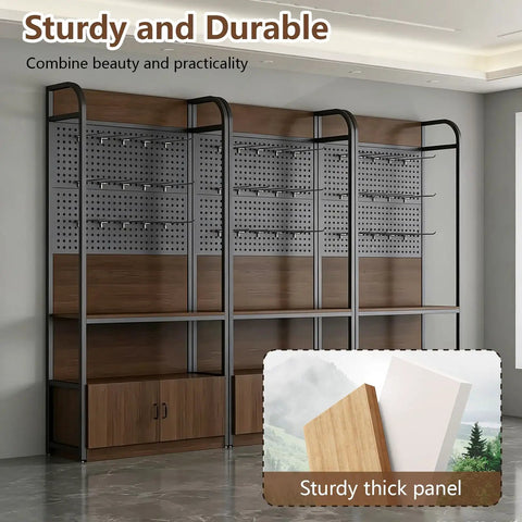 Rock Solid Retail Display Rack With Pegboard And Hooks, Freestanding Store Shelving Stand with dark walnut finish and cabinet.