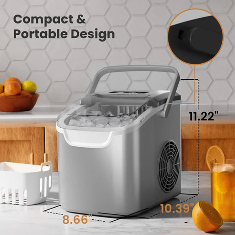Portable Countertop Ice Maker with Handle Delivers 9 Bullet Shaped Ice Cubes, grey unit with measurements on kitchen counter