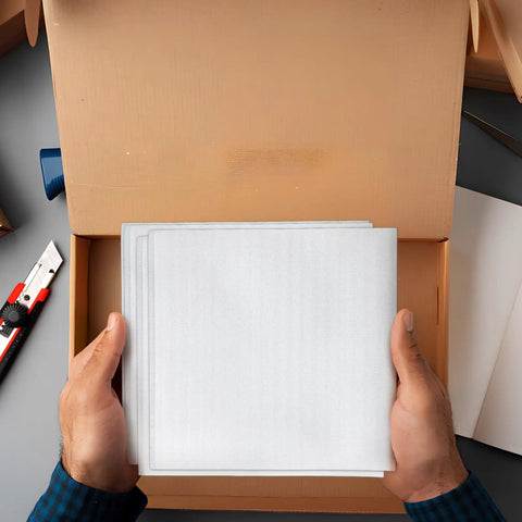 Person holding 100 Pack Epe Foam Pouches For Shipping Fragile Electronics, cushioned packing bags ready for use.