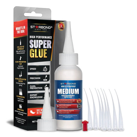 Medium Super Glue Pro Kit 2 Oz with anti clog cap, precision tips, and extra nozzles for quick fixes and woodworking.