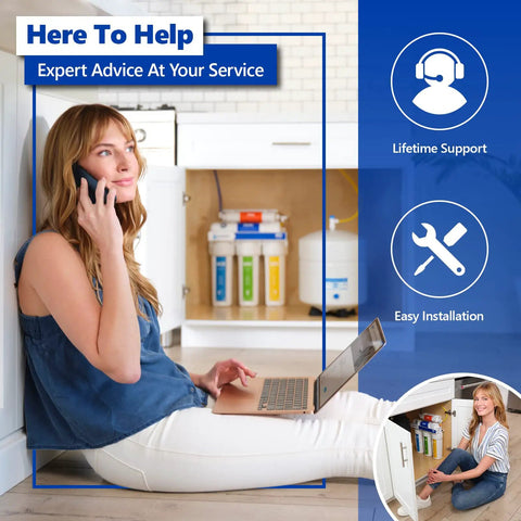 Woman using laptop and phone near Reverse Osmosis filter system under sink, highlighting Six Month Reverse Osmosis Replacement Filter Set.