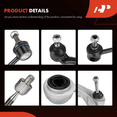 Product details of Complete 8-Piece Front End Suspension Rebuild Kit For BMW E46 Models showcasing components like ball joints and bushings.