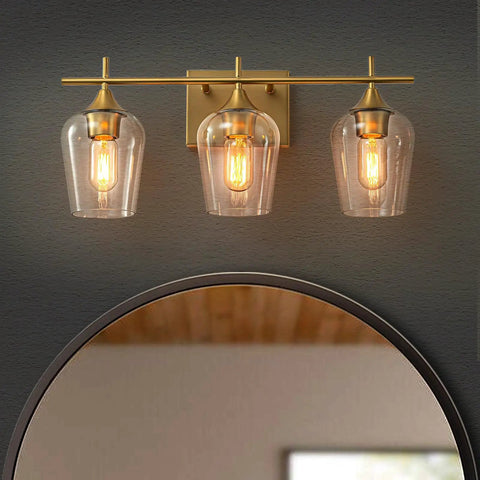 Three Light Bronze Vanity Light Fixture With Glass Shade Over Mirror Wall Sconce for Bathroom Living Room and Restaurant Ambience