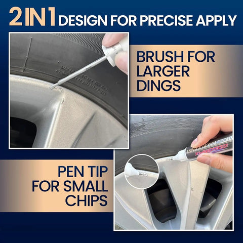 Close-up of Top Shelf Silver Rim Touch Up Paint Pen For Chrome Wheel Scratches with dual applicator for dings and chips.