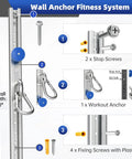 Built Tough Adjustable Resistance Band Wall Anchor Mount System parts layout with steel bracket, screws, and workout anchor.