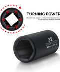 Close-up of a 32mm six-point deep impact socket, part of the Half Inch Impact Socket Set 35 Piece Deep Socket Kit.