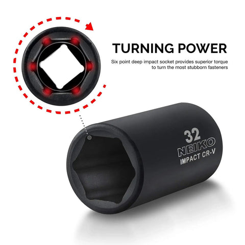 Close-up of a 32mm six-point deep impact socket, part of the Half Inch Impact Socket Set 35 Piece Deep Socket Kit.