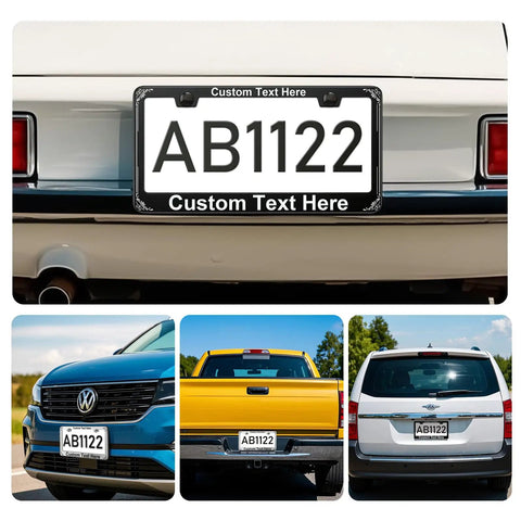 Customizable License Plate Frame For Cars Rust-Proof Aluminum Front Or Rear Mount Dope Silver Finish Includes Screws Add Your Text Or Design Durable Exterior Auto Accessory For Women And Men shown on various vehicles.
