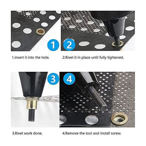 10 Piece Flat Head Threaded Insert Nuts Kit M3 To M12 Heavy Duty Zinc Plated Carbon Steel Rivet Nut Set installation steps on metal sheet.